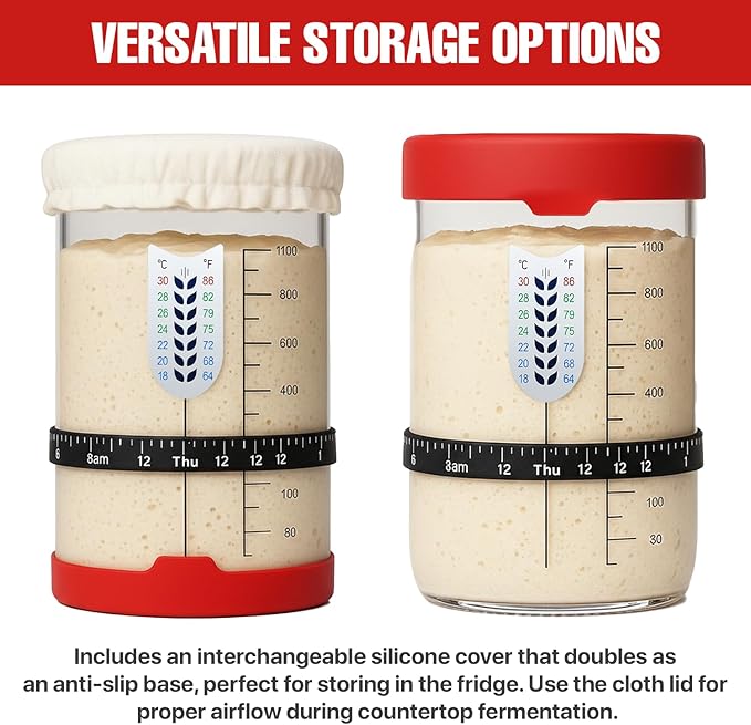 Sourdough Starter Kit, 40 Oz Sourdough Jar with Measuring Cup, Thermometer, Spatula, Dough Scraper, Bread Lame, Silicone Base & Cloth Cover, Feeding Band, Bread Baking Supplies for Bakers (40 Oz)