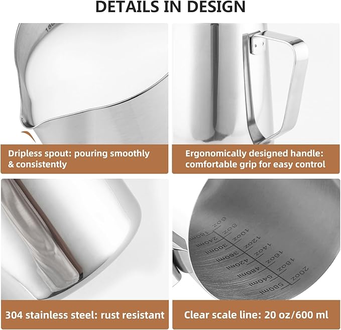 Milk Frother Pitcher 20 OZ，Espresso Milk Frothing Pitcher, Milk Steamer Cup Steaming Pitcher, Stainless Steel Coffee Froth Cup with Latte Art Pen for Coffee Cappuccino (Silver)