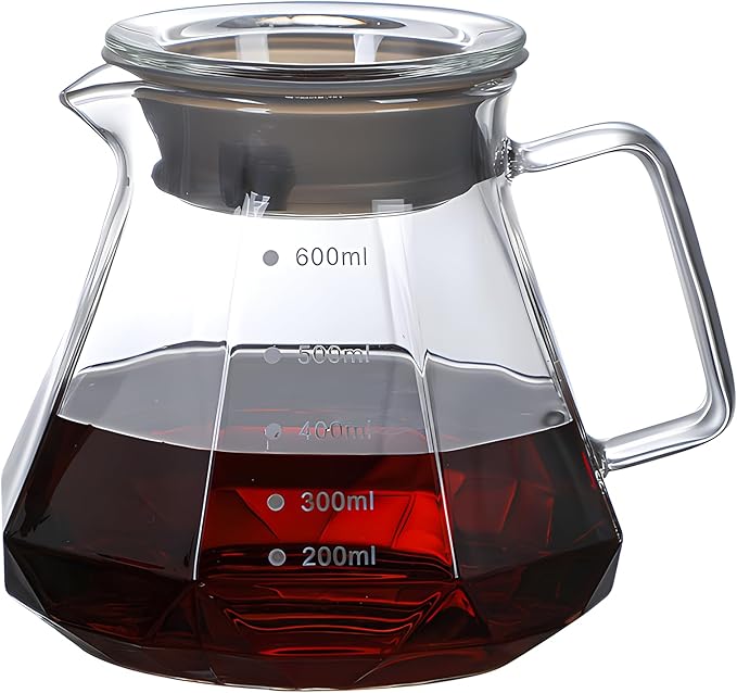 Glass Coffee Server for Drip Coffee Maker,Diamond Fashion Design Glass Coffee Carafe, Coffee Pot with Lid, Clear, 600ml(20oz)