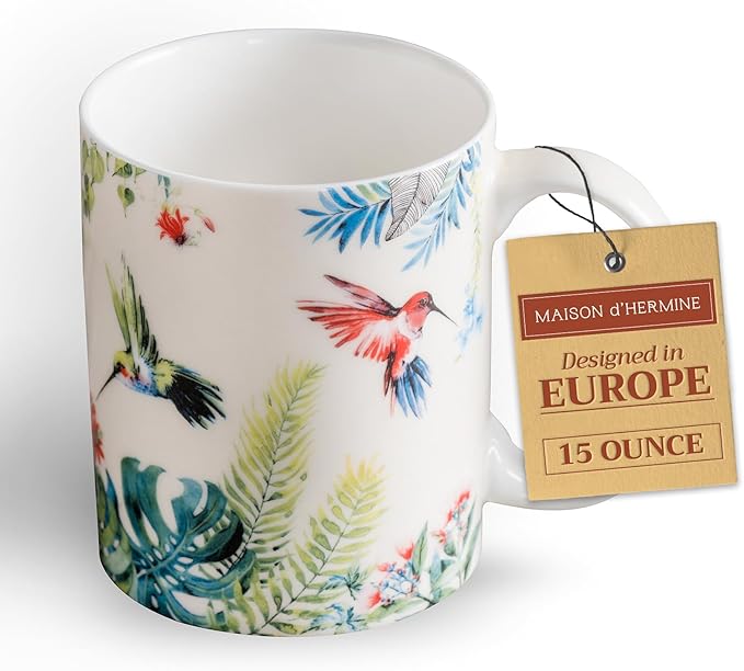 Maison d' Hermine Coffee Mug with Handles Fine Bone China Mugs Pack of One Tea Cups for Hot Beverages Cappuccino Latte Home Restaurant Office Perfect for Gift (Tropiques - Colibris, 15 Ounce)