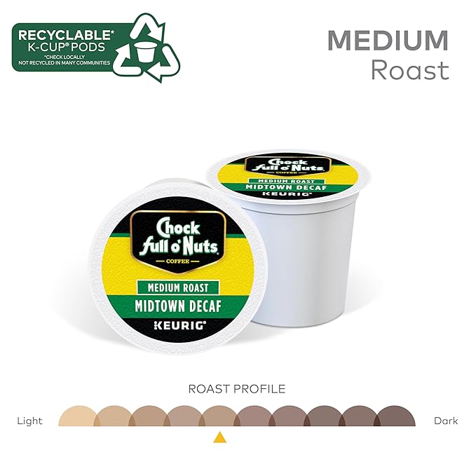 Chock full o’Nuts Midtown Decaf Keurig K-Cup Pods for Keurig Brewers – Premium Arabica, Medium Roast – Single Serve – 6 Packs of 12 K-Cup Pods