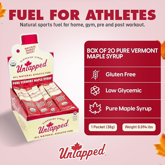 UnTapped Vermont Maple Syrup Packets for Athletes, Box of 20-0.96 Fl Oz | Organic Pure Maple Syrup for Natural Endurance Energy | Fuel to Keep You Running Longer