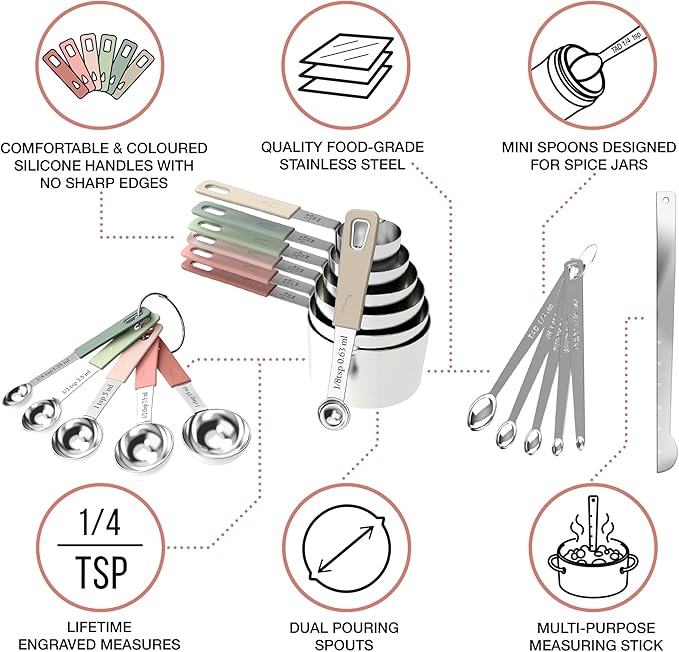 22-Piece Stainless Steel Measuring Cups and Spoons Set, Tad Dash Pinch Smidgen Drop Mini Measuring Spoons, Measuring Stick Leveler, Measurement Conversion Chart Fridge Magnet, (Country Chic)