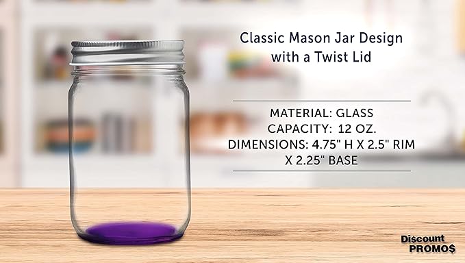 DISCOUNT PROMOS 10 Decorating Mason Jars Set, 12 oz. - Canning, Aluminum Lid - Purple