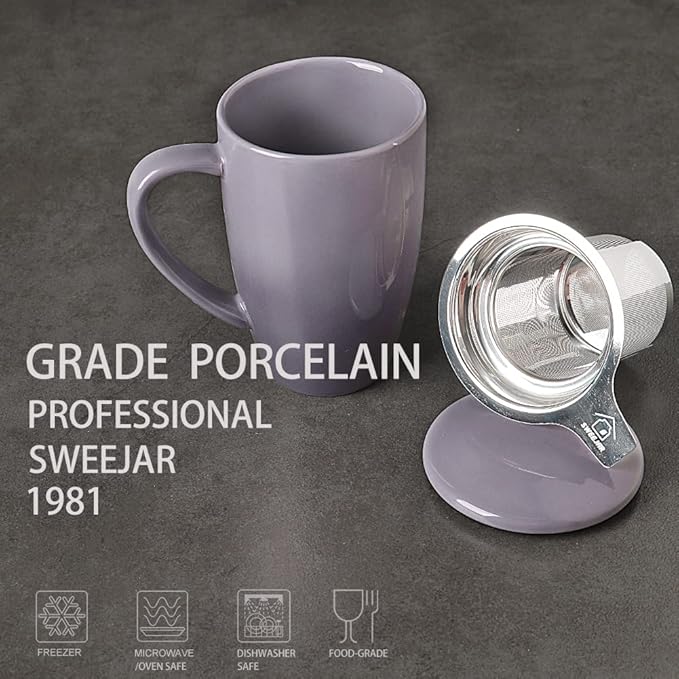 Sweejar Porcelain Tea Infuser Mug with Lid, 16 oz Teacup with Strainers for Loose Leaf Tea, Microwave and Dishwasher Safe Coffee Mug(Gradient Purple)