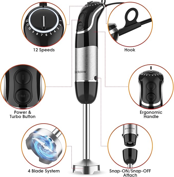 Blackcow Corded Immersion Blender Handheld for Kitchen,Stainless Steel Emulsion Blender Handheld with Hook,Electric Hand Mixer with 12-Speed&Turbo,for Smoothie,Soup,Baby Food and Drinks