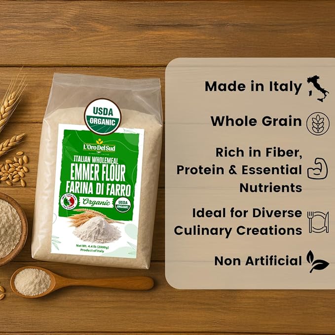 L’Oro Del Sud Organic Farro (Emmer) Flour – 4.4 lb (2 kg), All-Purpose Ancient Grain from Italy