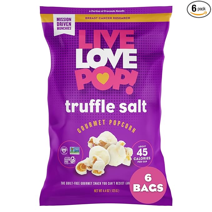 Live Love Pop Truffle Salt Flavored Gourmet Popcorn, 4.4 Oz (Pack of 6), Healthy Snack, Gluten Free, Vegan & Non-GMO, Mission Driven Munchies