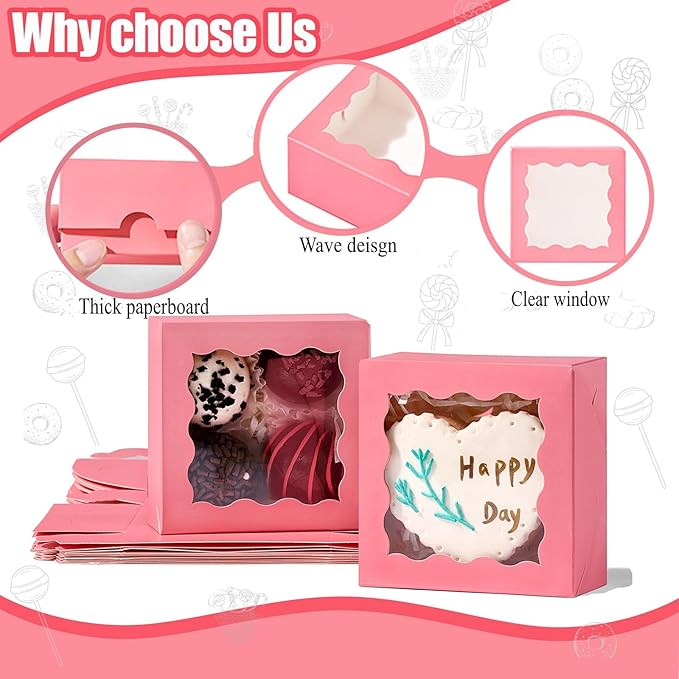 3.2x3.2x1.5 Inches 50PCS Mini Bakery Boxes with Window for Cookies, Soap, Chocolate Truffle, Donut, Macaron(Pink)