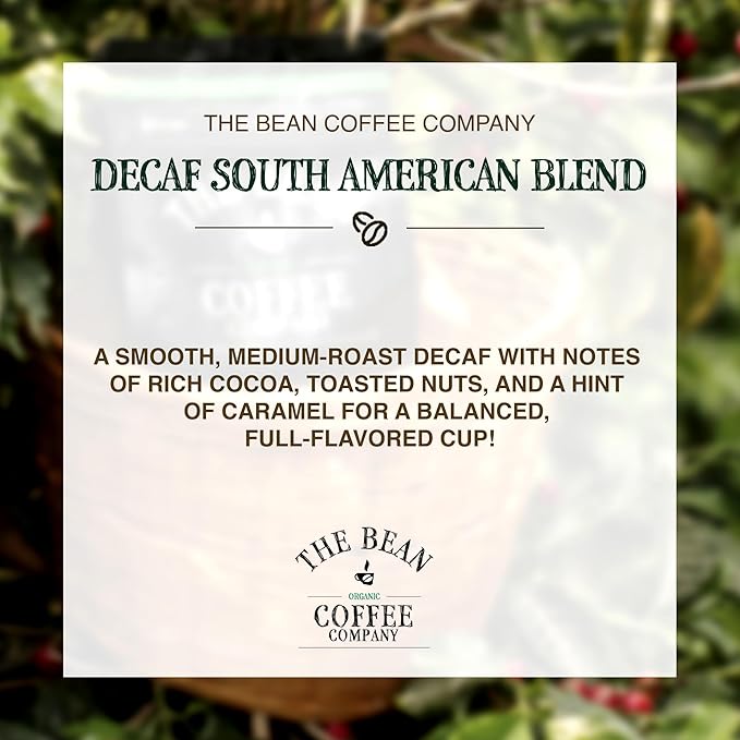 The Bean Organic Coffee Company Water Processed DECAF South America Blend, Medium Roast, Ground Coffee, 16-Ounce Bag, Café Molido Tostado Orgánico descafeinado