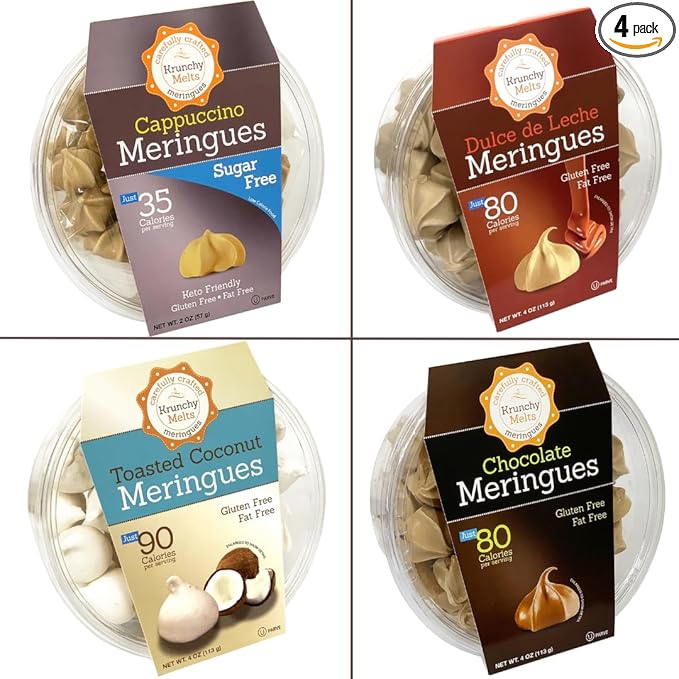 4 Pack Krunchy Melts Original Meringue Cookies | Snack Attack 4-Pack | Cappuccino, Dulce de Leche, Toasted Coconut, Chocolate | Only 80-90 Calories Per Serving | Low Fat/Fat Free, Gluten Free, Dairy Free (4 Oz)