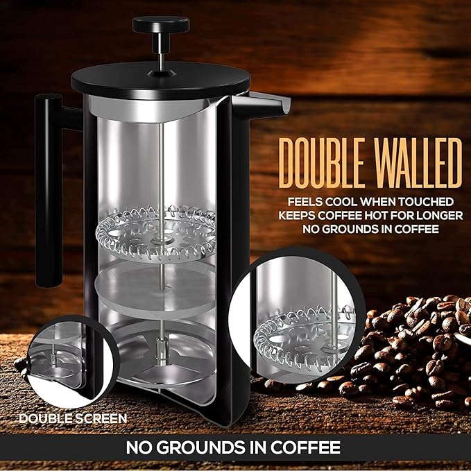 French Press Coffee Maker,Stainless Steel Double Wall Insulated Coffee Press 34 oz,4-8 Cups, Portable Hot Cold Brew Teapot Cafetera for Coffee Bar Accessories Kitchen Camping (Black,34oz)