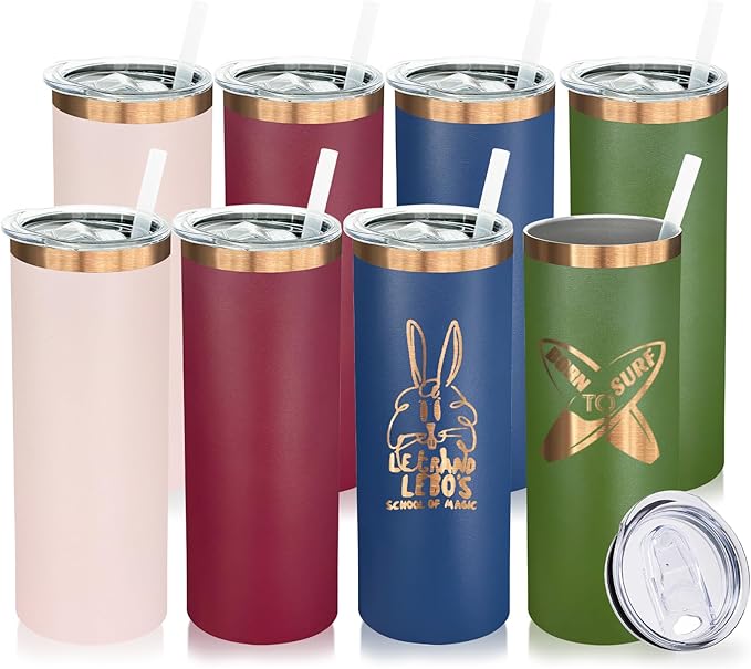20 oz Skinny Tumblers Bulk 8 Pack, Stainless Steel Insulated Tumbler with Lids and Straws, Slim Double Wall Powder Coated Travel Coffee Mugs Reusable Cup for Hot Cold Drinks (Mixed,8 pack)