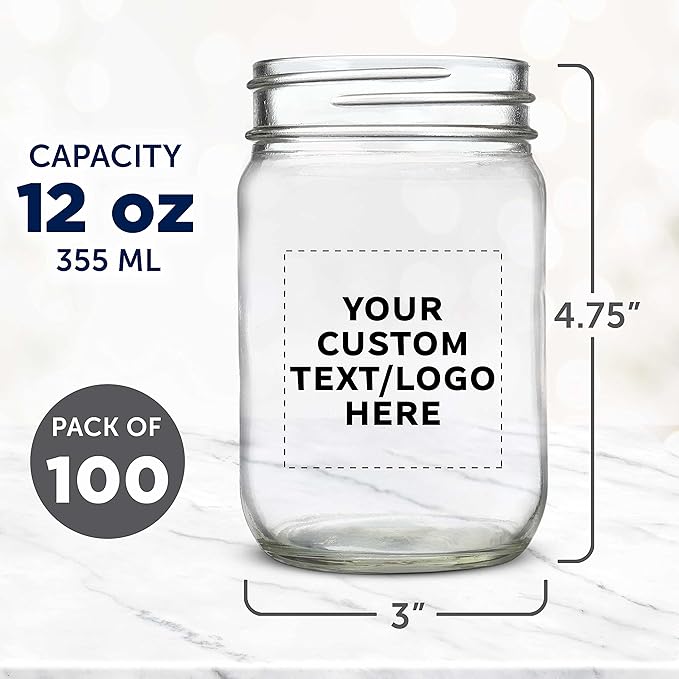 DISCOUNT PROMOS Custom Decorating Mason Jars 12 oz. Set of 100, Personalized Bulk Pack - Glass Jars for Overnight Oats, Candies, Fruits, Pickles, Spices, Beverages - Clear