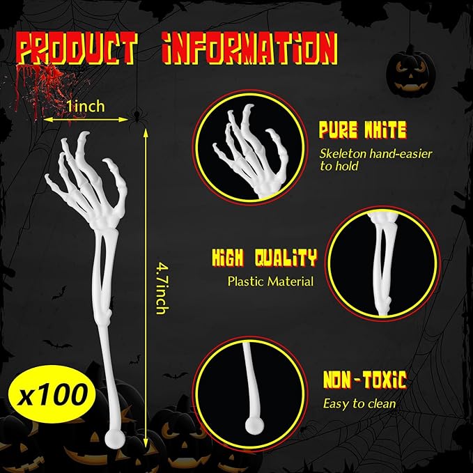 Remerry 100 Pcs Halloween Skeleton Swizzle Sticks Cocktail Garnish Sticks Hand Plastic Food Picks Coffee Stirrers Reusable Drink Stir Sticks Halloween Party Decorations for Birthday Bar Home(White)