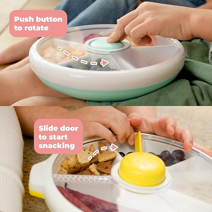 GoBe Kids Large Snack Spinner Slide Bundle with Hand Strap and Sticker Sheet - Reusable Snack Container with 4 Compartment Dispenser and Lid | BPA/PVC Free | Dishwasher Safe | No Spill - Coral Pink