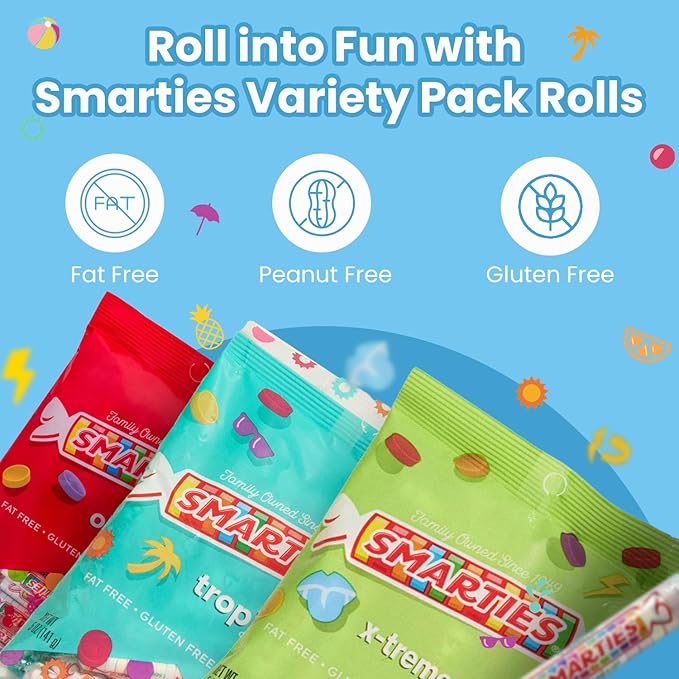 Smarties Candy Triple Variety Pack Rolls - Gluten Free Vegan Assorted Flavors, Tropical & X-Treme Sour Candy - Family Owned Company Since 1949 - Perfect Halloween Treat, Candy Bags - 5 oz (Pack of 3)