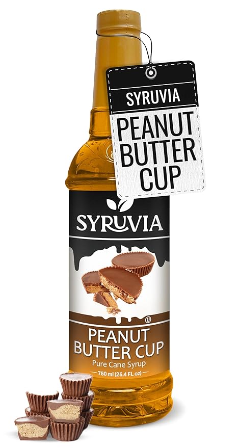Syruvia Peanut Butter Cup Syrup for Coffee, Sweet Coffee Flavoring, 25.4 fl oz, Kosher, Gluten Free, Perfect for Lattes, Smoothies, Shakes, Drinks, Desserts, and More.