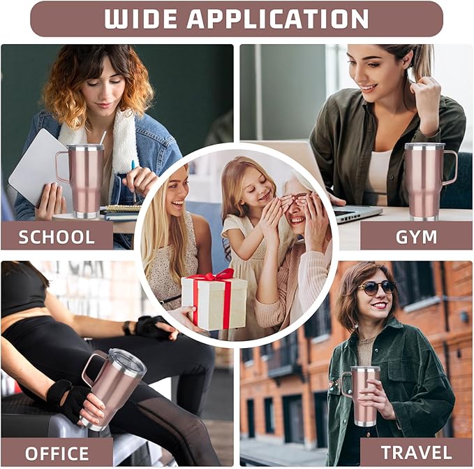 20 oz Rose Gold Stainless Steel Insulated Tumbler with Handle, Lid, Straw - Double Wall Vacuum Insulated Coffee Mug, Leak Proof Travel Mug for Hot and Cold Drink