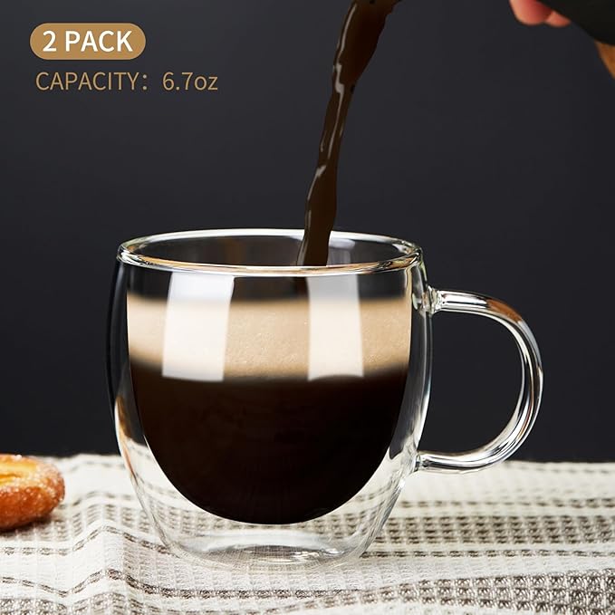 6.7oz Double Wall Espresso Cups Set of 2 With Handle, Clear Expresso Shots Cup, Double Wall Insulated Espresso Mugs, Tazas de Cafe Expreso, Microwave Dishwasher Safe, for Espresso Machine