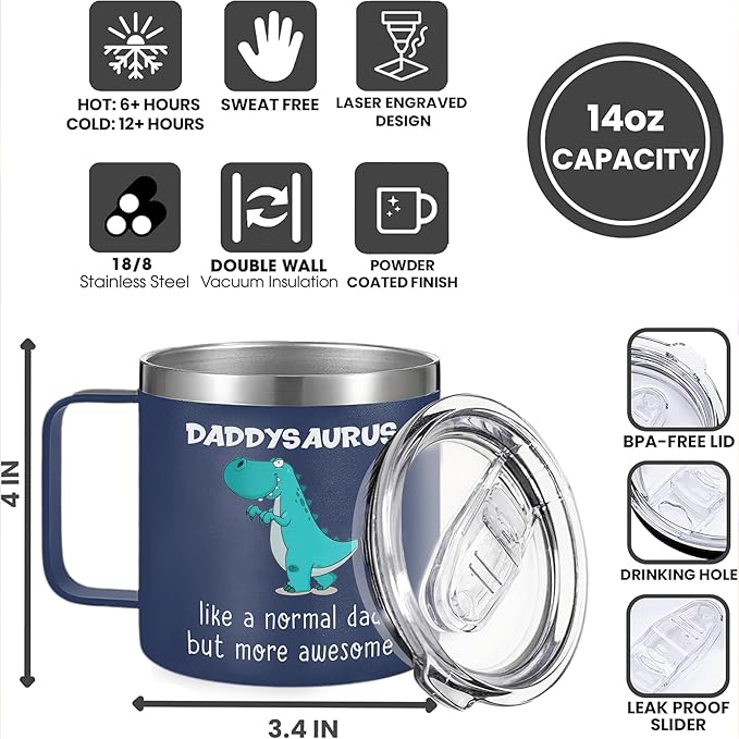 Gossby Gift for Dad - 14oz DADDYSAURYS Insulated Coffee Tumbler Mug - Father's Day, Christmas, Birthday Gift for Dad from Daughter, Son, Kid - Travel Cup with Lid and Straw