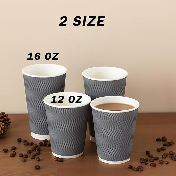 Coffee Cups 12 oz 120 Pack, Corrugated Insulated Ripple Wall Disposable Paper Coffee Cups 12oz, To Go for Hot Beverage or Cold Drinks Office/Home/Cafe/Party/Travel (Gray)