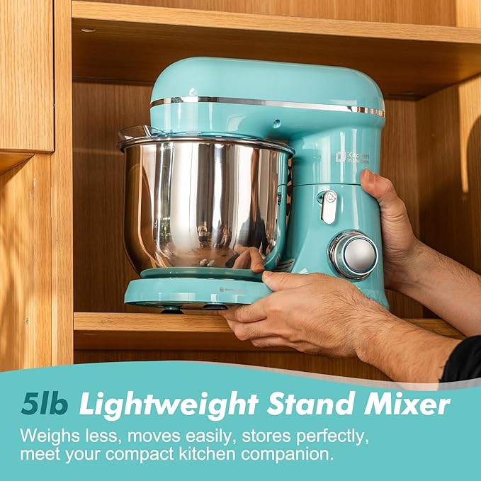 Kitchen in the Box Stand Mixer, 3.5 QT Small Electric Kitchen Mixer, 10-Speed Portable Lightweight Food Mixer with Stainless Steel Bowl, Egg Whisk, Dough Hook, Beater (Sky Blue)
