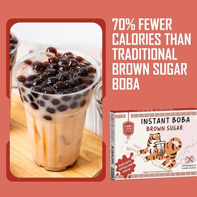 Instant Brown Sugar Boba, 70% Fewer Calories, Made with Konjac and Tapioca, Brown Sugar Boba Pearls for Boba tea, Shakes and Dessert, Plant-Based 6 Ready-to-Eat Pouches (240g)