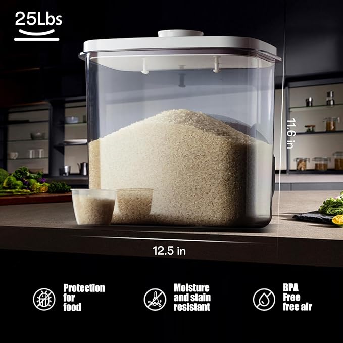 Rice Container - 25 Lbs/12KG/12L Rice Dispenser Storage with Measuring Cup Food Cereal Container Bins Pet Food Container Household for Kitchen Pantry Organization