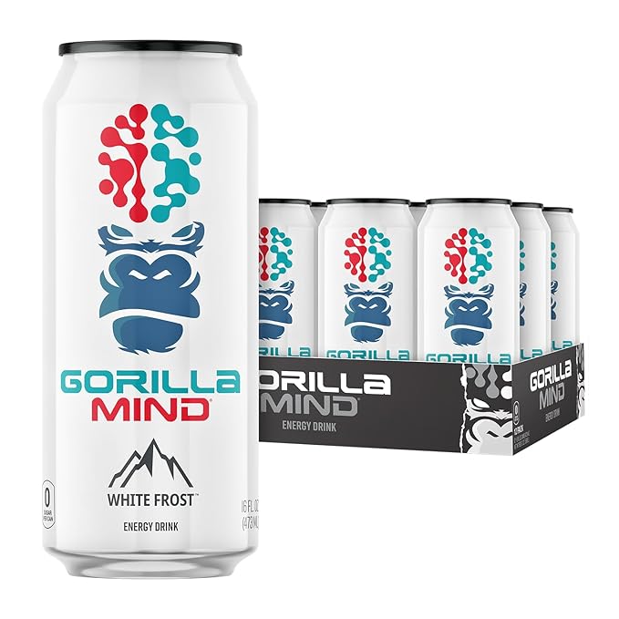 Gorilla Mind Energy Drink | Unmatched Energy · Amplified Focus | N-Acetyl-L-Tyrosine, Alpha-GPC, 200mg Caffeine, Uridine, Saffron | 0 Sugar Or Artificial Colors | 16oz, 12-Pack (White Frost)