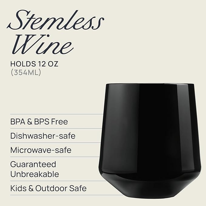 Drinique Unbreakable Stemless Wine Glasses (Set of 4) 12oz Tritan Plastic Stemless Glassware for Indoor or Outdoor Use - Black