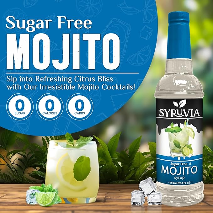 Syruvia Sugar Free Mojito Syrup, Flavored Syrup for Cocktails, Drinks, Lemonades, Iced Teas, and Desserts – 25.4 fl oz