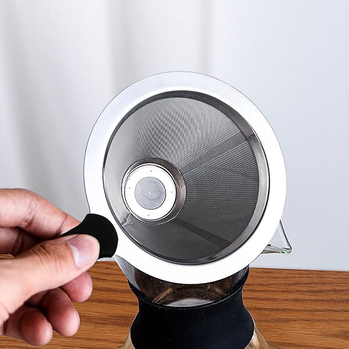 Pour Over Coffee Dripper-Stainless Steel Coffee Filter,Reusable Drip Cone Coffee Filter Portable Pour for 1-4 Cup (With Base, L)