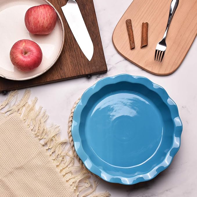 Bosmarlin Ceramic Pie Pan, 9 Inches Pie Dish, 50 oz, Pie Plate for Baking, Microwave, Oven Safe and Dishwasher safe (Cerulean blue, 9 inches)