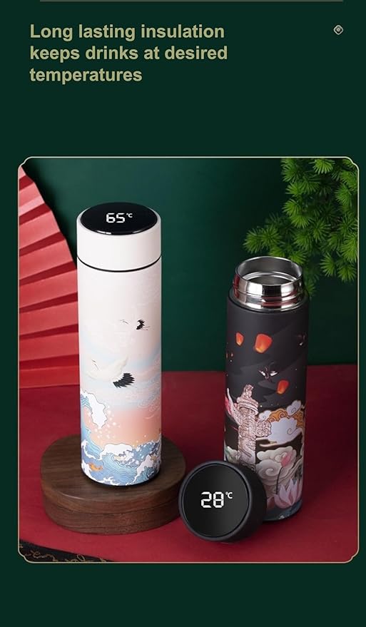 Insulated Coffee Tea Travel Thermos Mug Water Bottle with Removable Strainer and Temperature Featuring Elegant Asian Art Design - 16.9 fl oz (Blue)