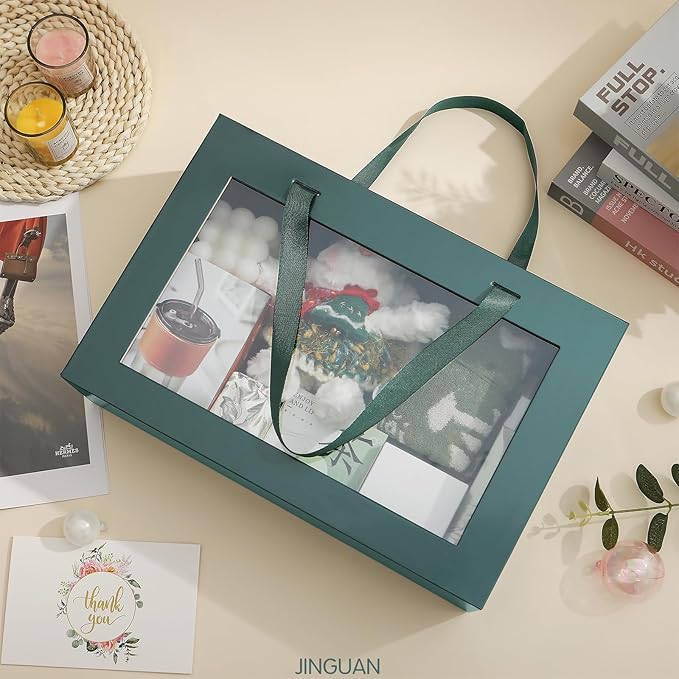 Large Green Clear Gift Boxes, 13.5x9x4.1 Inches Gift Boxes with Windows by Handles, Bridesmaid Proposal Boxes, Collapsible Gift Boxes with Magnetic Closure (Glossy Green, 5 Pack)
