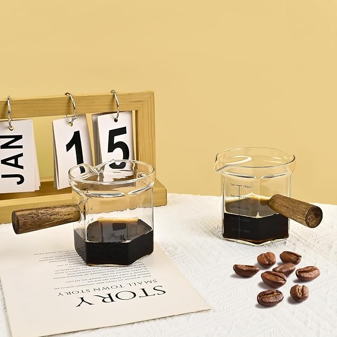 Glass Measuring Cup, 5oz Clear Espresso Shot Glass with Wood Handle, Double Spouts Measuring Triple Pitcher Milk Cup for Coffee Tea (Transparent)