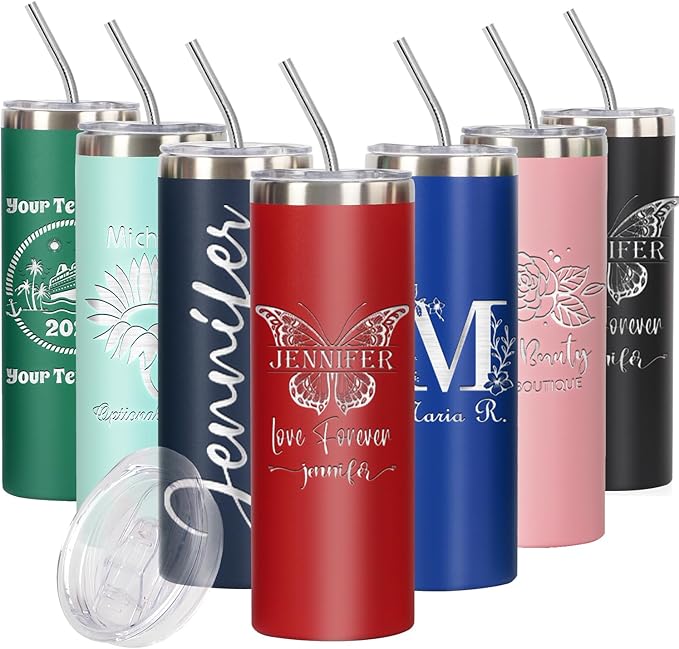 Personalized 20oz Skinny Tumbler: Engraved, Stainless Steel, Insulated, Leak-Proof Lid & Straw, Hot/Cold for Hours, for Coffee, Water, Wine, Gift for Birthdays, Weddings, Christmas, 25 designs (RED)