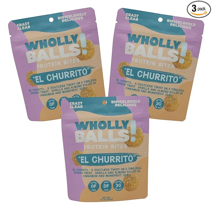 Wholly Balls Protein Bites – Healthy Plant-Based Snack | High Protein, Low Sugar, Gluten-Free Energy Balls (Pack of 3, El Churrito)