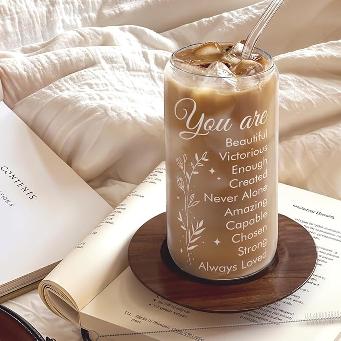 SANDJEST Inspiration Glass Can, Positive Motivational Cup with Lid & Straw, Iced Coffee Aesthetic Cups, Idea Gift for Christmas Birthday Mother Day, Gifts for Women, 16oz