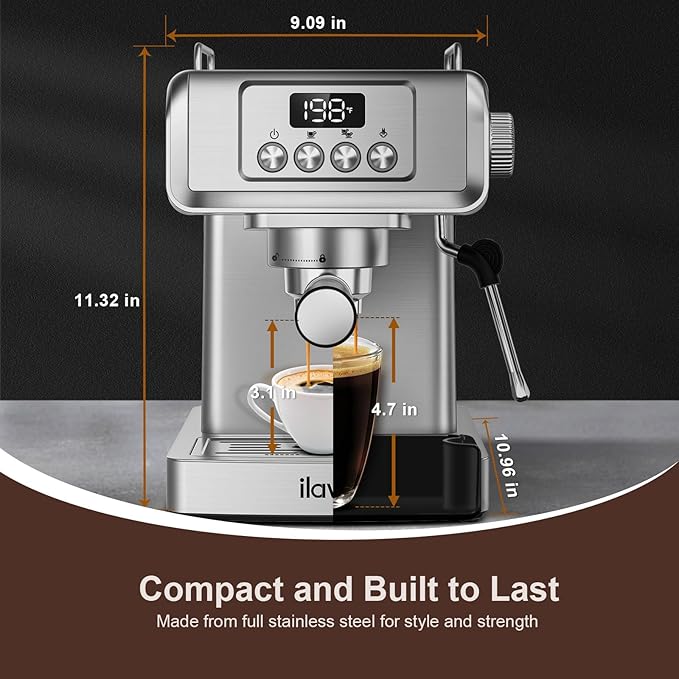 Espresso Machine 20 Bar, Espresso Maker with Steam Milk Frother，Espresso Coffee Machine with 60oz Removable Water Tank for Lattle, Cappuccino, Stainless Steel