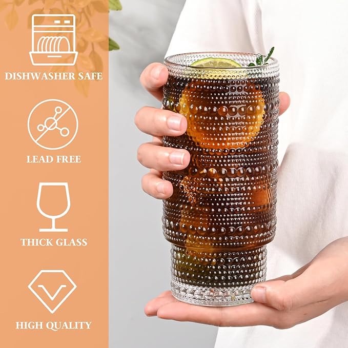 16OZ Glass Tumbler with Straw and Lid,Glass Cups with Lids and Straws,Ribbed Iced Coffee Cups Vintage Embossed Glassware for Juice Whiskey Cocktail Beer(4Pack)