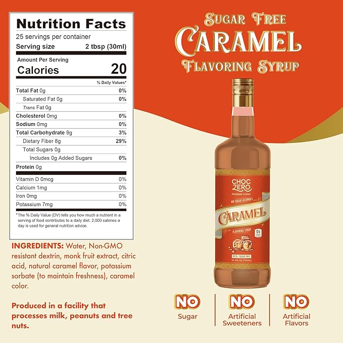 ChocZero Sugar Free Caramel Syrup for Coffee - Keto Flavoring Syrups - Low Calorie Simple Syrup for Flavored Drinks – 25.4 Fluid Ounces