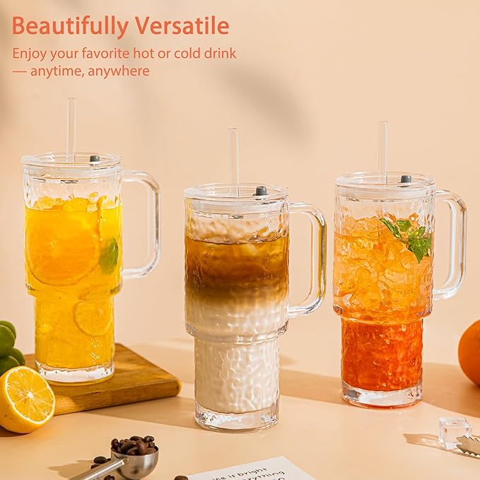 26oz Water Ripple Glass Tumbler with Handle & Lid, Reusable Iced Coffee Cups with Straws – Set of 2, Glass Cups for Smoothies, Juice, Coffee, Tea – Travel Mugs for Daily Use and To-Go