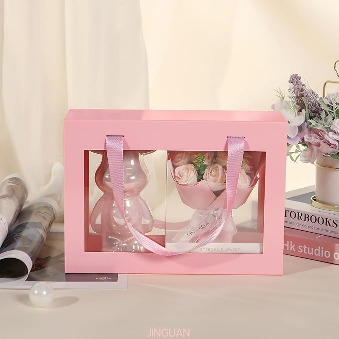Pink Gift Box with Window, Clear Magnetic Gift Box with Handle for Present, Bridesmaid Proposal Box (10.5x7.5x3 Inches