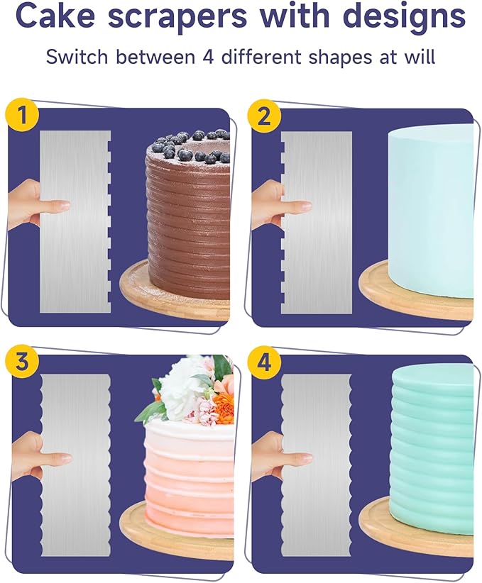 9 Inch Metal Cake Scraper Set of 2, Stainless Steel Cake Scraper Smoother Double Sided Patterned Edge for Icing Smoother,Tall Cake Scraper, Cake Combs for Buttercream