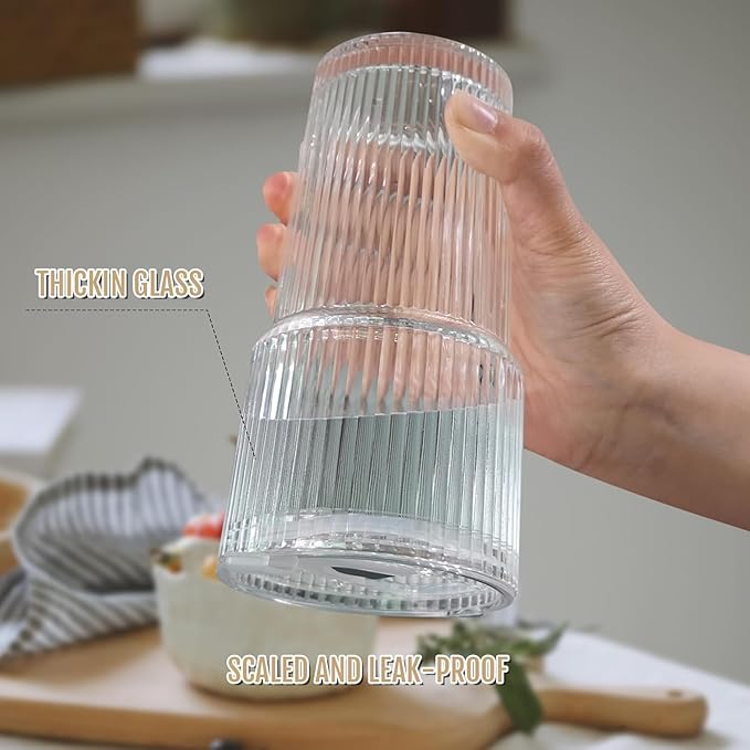20oz Ribbed Glass Cups with Lids and Straws, Vintage Glass Tumbler with Straw, 2 Piece Iced Coffee Cups Set, Thicked Wall Drinking Glasses Ideal for Coffee