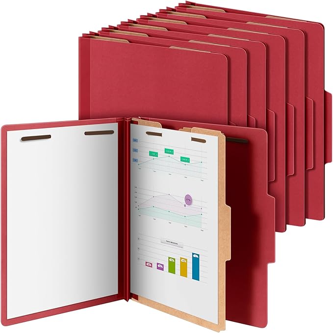 12 Pcs Classification Folders Letter Size, Back to School Supply for Teacher, Student, 1 Divider Pressboard File Folder Bulk with 2 Fasteners, 3.5 Inch Expanding File Organizer (Red)