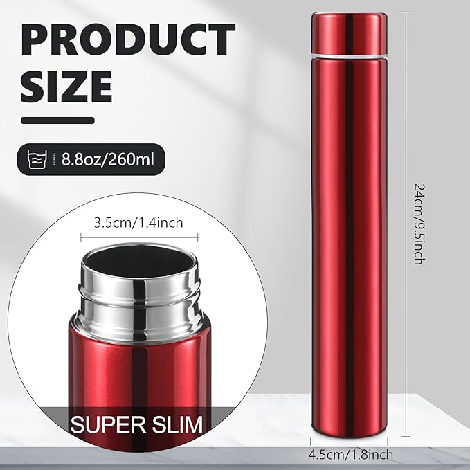 Vesici Slim Water Bottle 8.8 oz Small Stainless Steel Purse Compact Insulated Water Bottles Camping Travel Backpack Pocket Flask for Car Cold Coffee Tea(Black, Red,2 Pack)