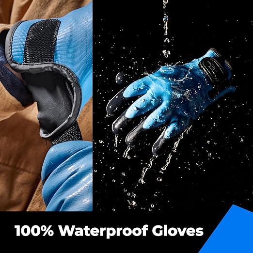 100% Waterproof Gloves for Men and Women, Winter Work Gloves for Cold Weather, Touchsreen, Thermal Gloves for Fishing, Gardening and Working in Freezer, With Grip, Blue, XX-Large
